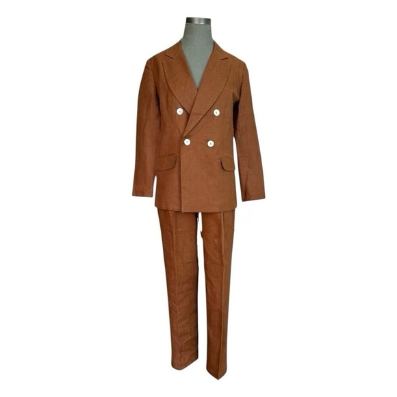 Stephanie Andrews Suit Women’s Pants Suit Blazer & Pants Brown Linen Set Size 4P - Picture 1 of 8